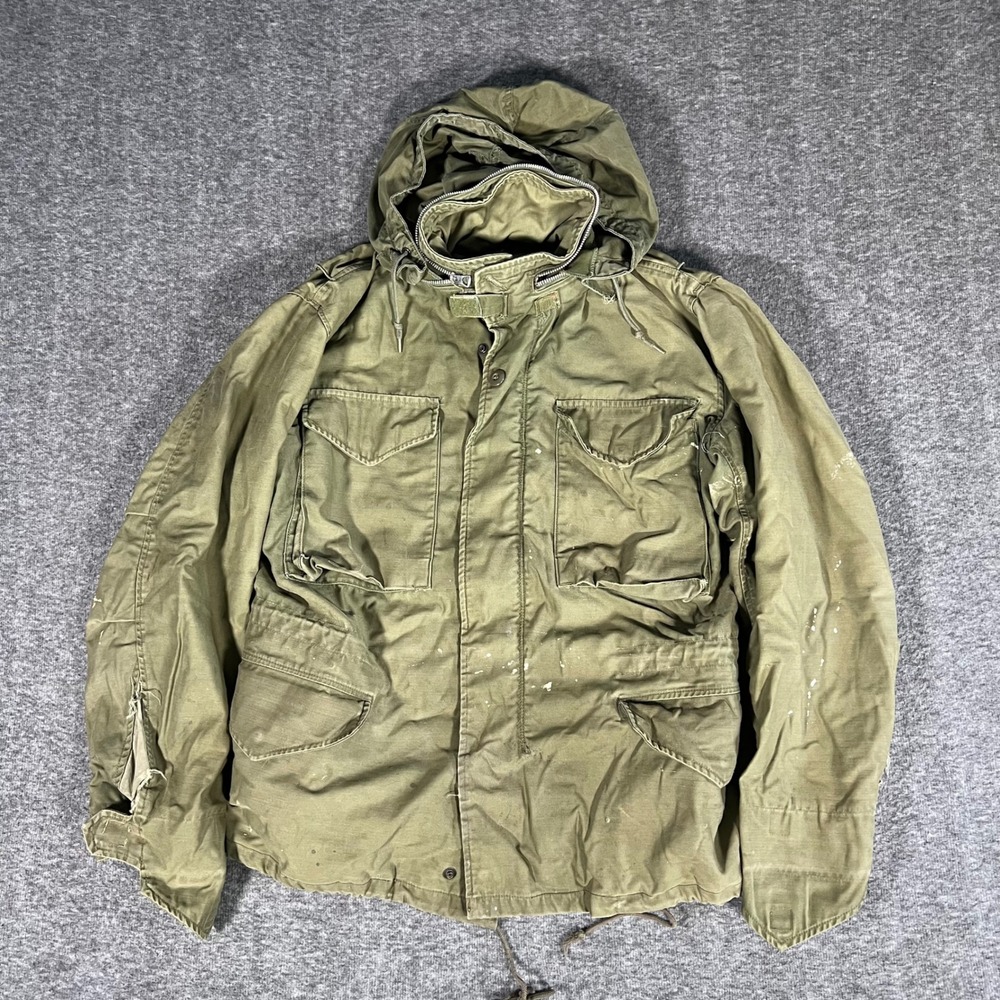 Vintage Military M-65 Field Jacket Olive Drab Conmar Zipper Distressed Mens L